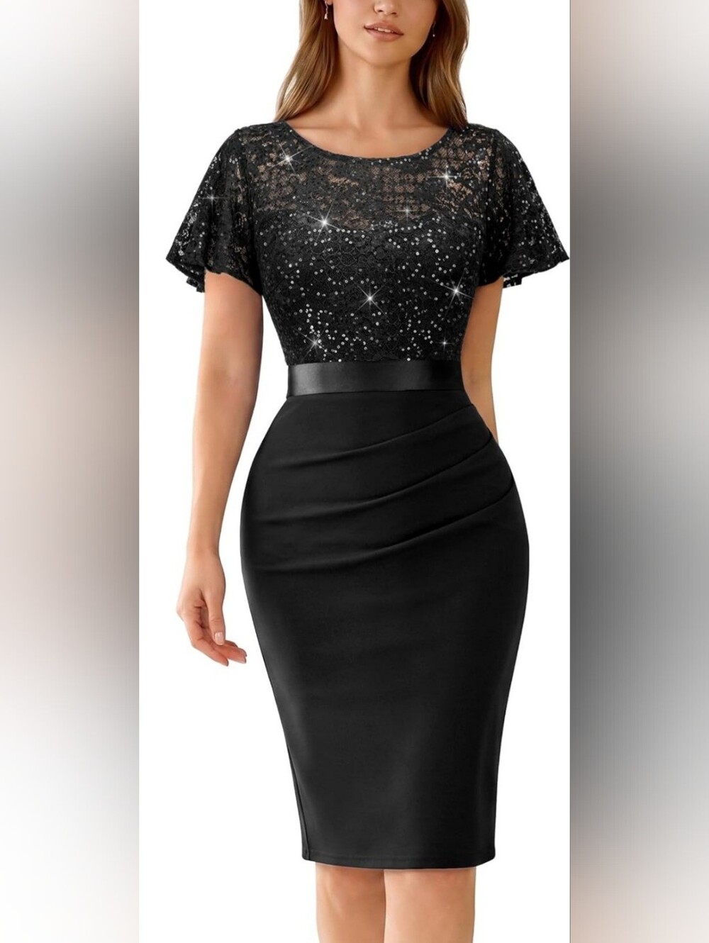 NWT Black Sequin Lace Cocktail Dress Flutter Sleeve Size Large